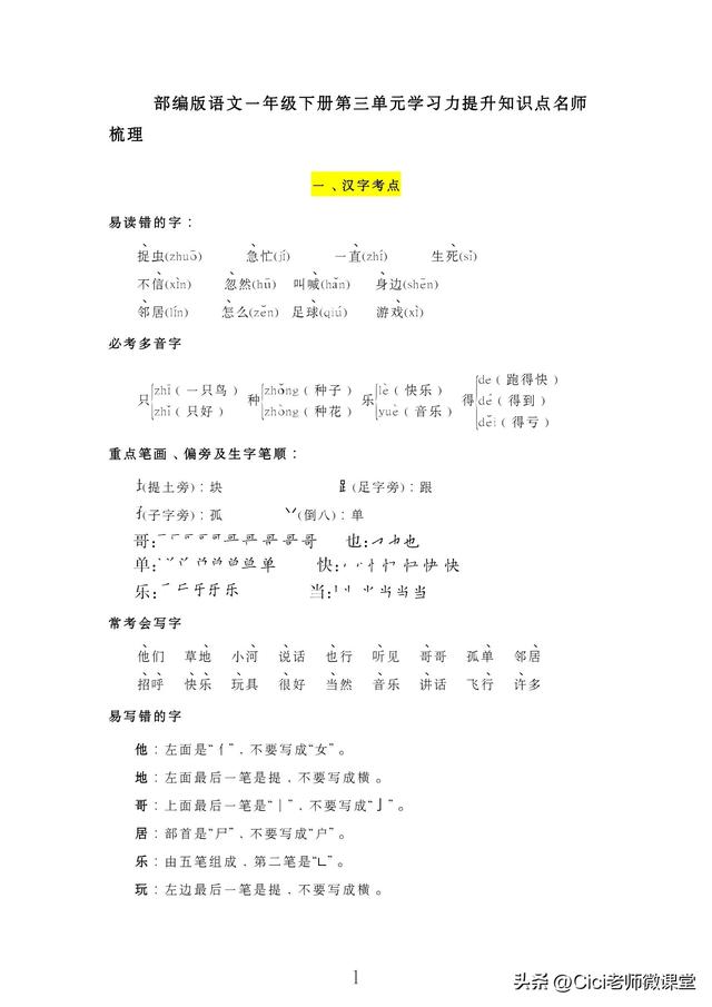 統(tǒng)編語(yǔ)文一年級(jí)下冊(cè)，第三單元知識(shí)點(diǎn)梳理（統(tǒng)編語(yǔ)文一年級(jí)下冊(cè)）