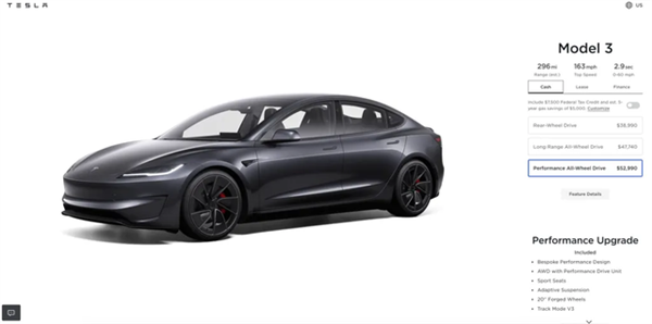 52990美元起！特斯拉發(fā)布新款Model 3高性能版：車速超過保時(shí)捷911