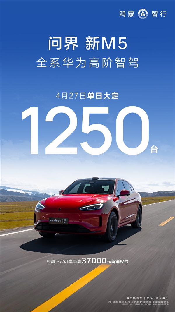 24.98萬元起！問界新M5單日大定1250臺(tái)：標(biāo)配華為智駕系統(tǒng)