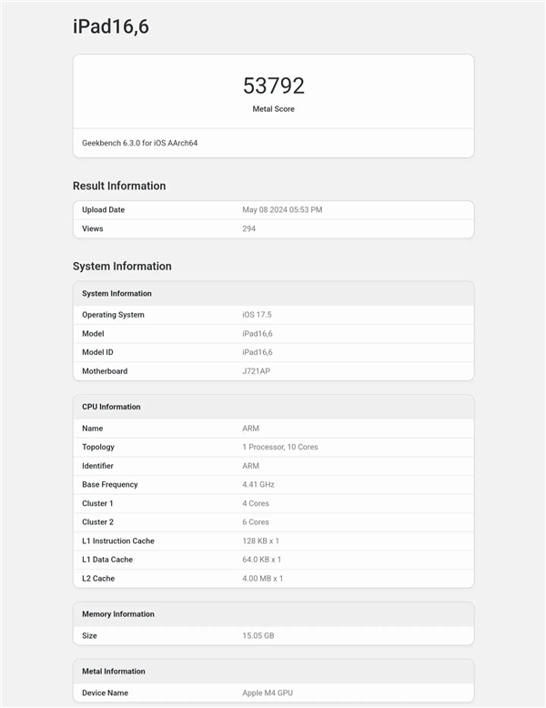 iPad Pro 2024首發(fā)！蘋(píng)果M4 GPU跑分公布