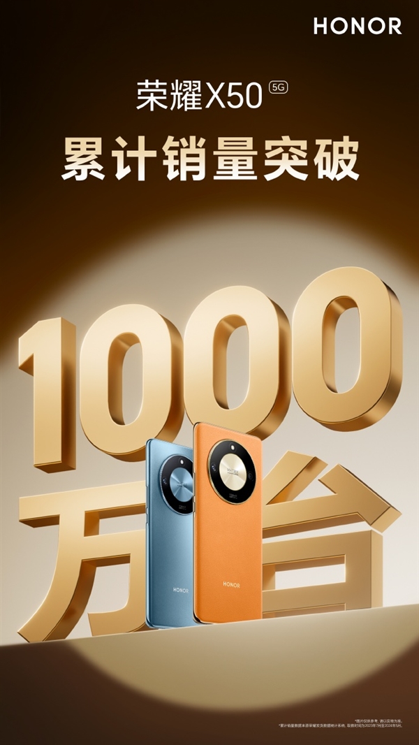 安卓千元機(jī)爆款！榮耀X50宣布累計(jì)銷量破1000萬臺(tái)