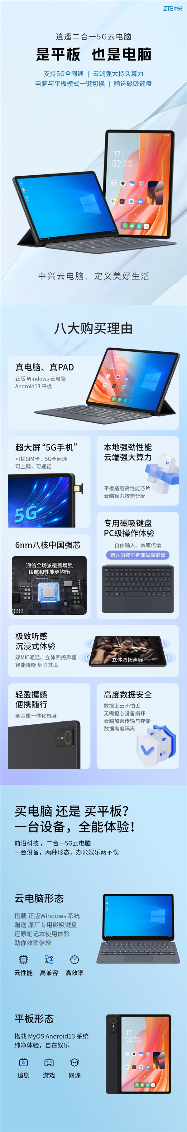 搭載紫光展銳國產(chǎn)芯！中興二合一5G云電腦“逍遙”系列上架：1899元起