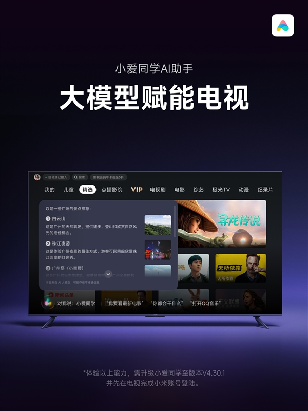 小米電視小愛同學(xué)升級大模型版！1GB以上內(nèi)存都能用：支持影視問答等
