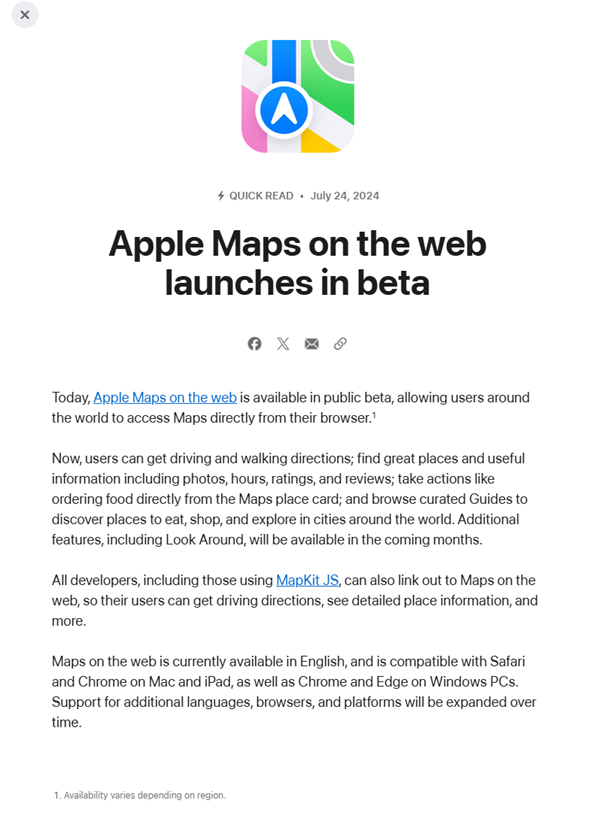 蘋果推出Apple Maps網(wǎng)頁版地圖：兼容Win PC Chrome、Edge瀏覽器