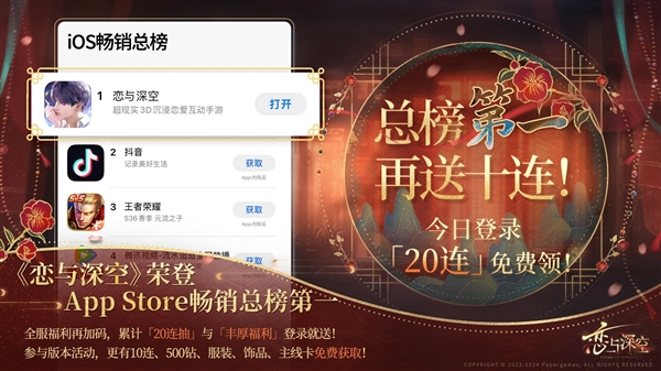 乙女手游《戀與深空》登頂蘋果App Store暢銷榜：超越抖音、《王者榮耀》