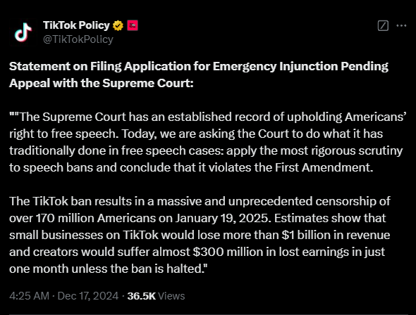 不賣(mài)就禁！TikTok請(qǐng)求美國(guó)高法院阻止2025年1月生效的禁令