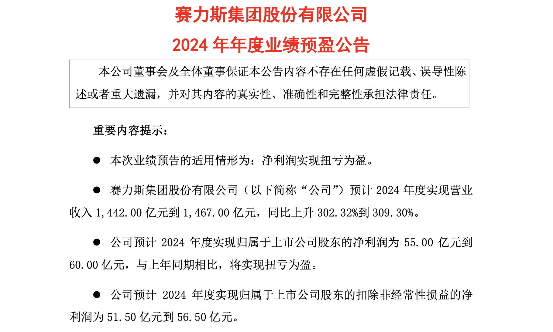 3款主力車型打天下，賽力斯2024年?duì)I收暴漲300%、同期實(shí)現(xiàn)扭虧