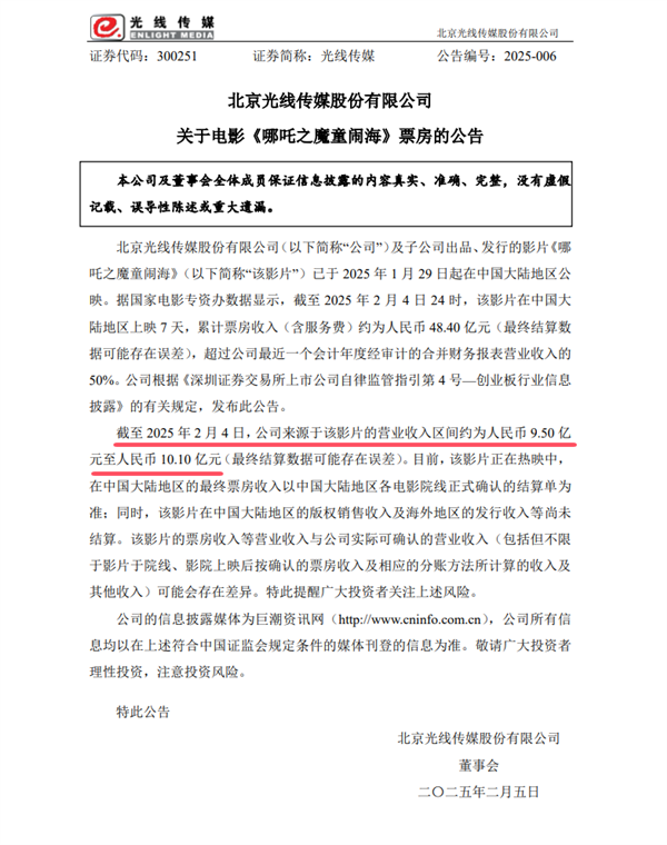 光線傳媒：《哪吒之魔童鬧?！芬褳楣举嵙?0個億